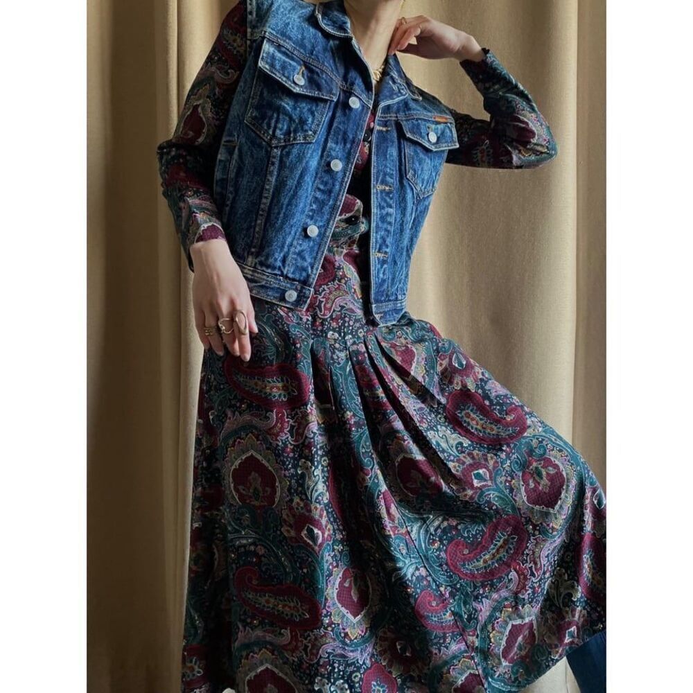 E.D Michaels Vintage Women’s Intricate Damask Dark Paisley Drop Waist Midi Dress